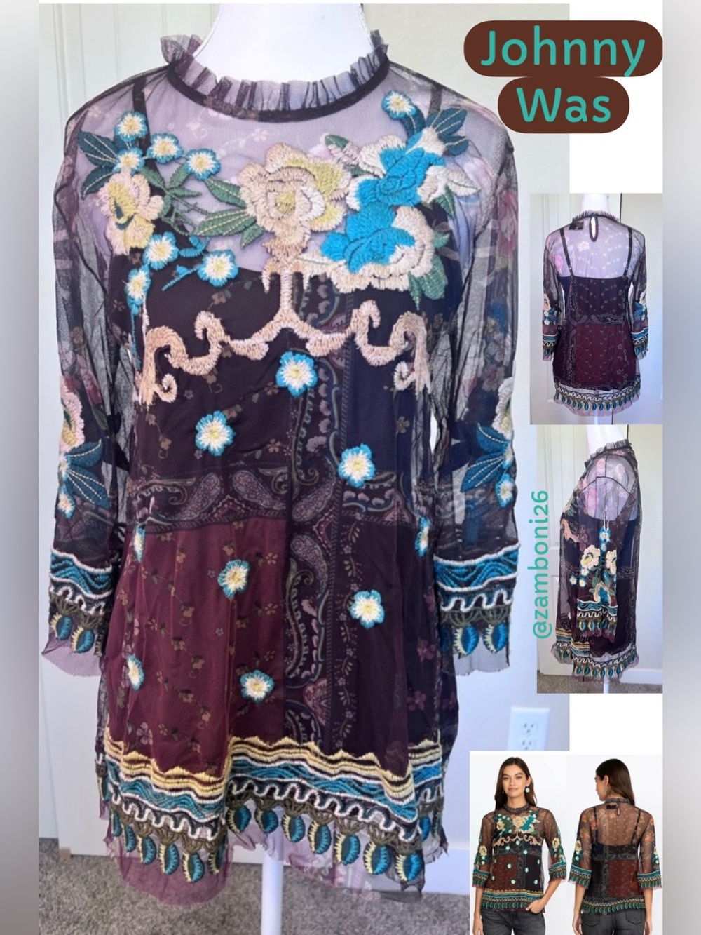 Johnny Was Renley Mesh Blouse Sheer Floral Embroidered & Tank Sz XS